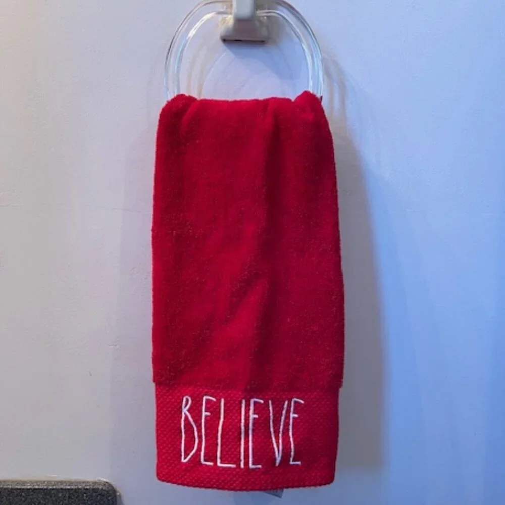 RAE DUNN Believe Red Cotton Hand Towel